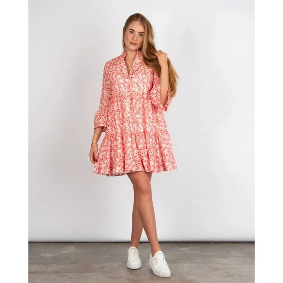 KASIA Tuckernuck Cutwork Tiered Split Neck Holiday Dress Coral/white Size Small - Picture 2 of 12
